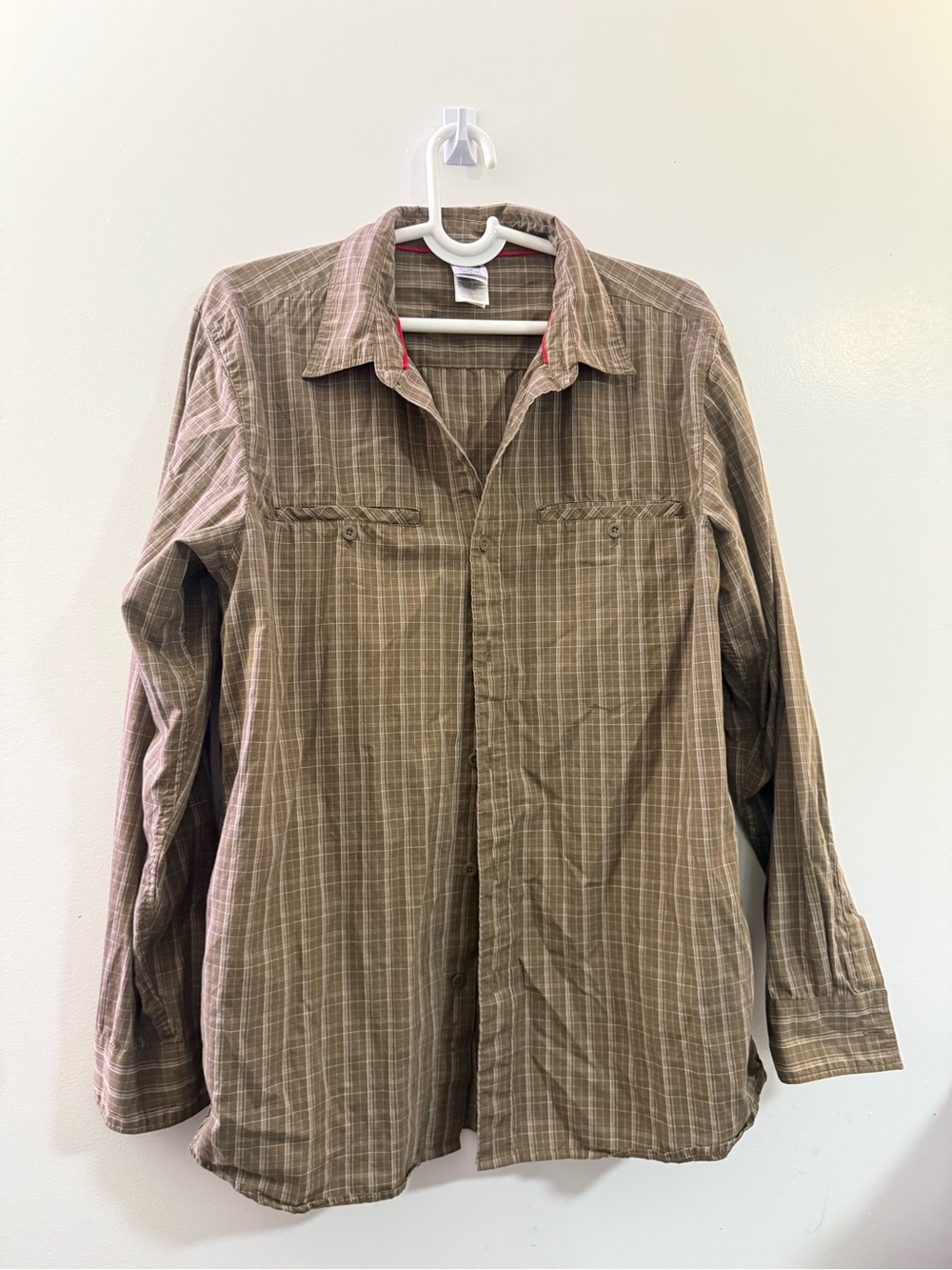 The North Face Brown Plaid Men's Button-Up Shirt with Red Trim